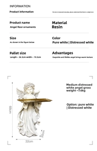 Size chart for 68cm resin angel sculpture with a gold tray in vintage white finish