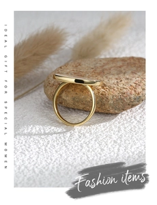 Detail of a minimalist gold oval signet ring placed on natural stone with reeds