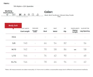Size guide for backless flared yoga bodysuit showing measurements and fabric specifications