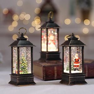 Vintage Christmas lanterns with festive scenes on a wooden table with warm bokeh lights