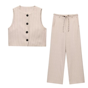 Top Gilet Smanicato a Righe da Donna e Pantaloni a Gamba Larga Top And Bottom Con Cintura Intrecciata Completi Streetwear Casual