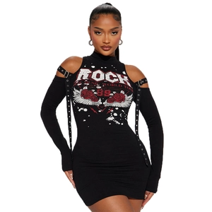 Slim fit black off-shoulder long sleeve dress with rock print and buckle straps