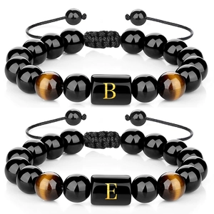 Natural Agate Tiger Eye Stone Beaded Bracelet Handmade Adjustable Braided Rope Initial Letter Jewelry For Men Women