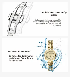 Detail showing dual press butterfly clasp and 3ATM water resistance of golden watch