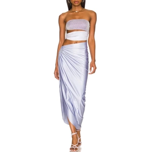 Detail of lavender glitter crop top and ruched high-waist maxi skirt vacation set