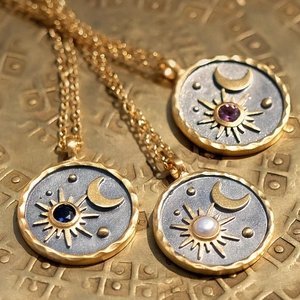 Vintage celestial birthstone necklaces with moon and star coin pendants in gold and silver