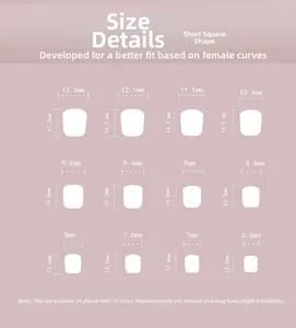 Detailed size chart for short square press-on nails showing dimensions of 24 pieces