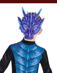 Detail of 3D dragon mask and dinosaur costume top with realistic scale printing