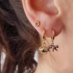 Vintage 3-piece gold earring set with sun flower, evil eye and 3D leopard charms