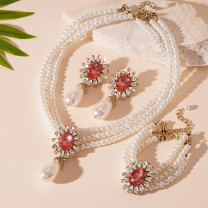 Baroque vintage multilayer pearl necklace set with pink crystal floral pendants
