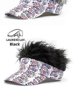 Detail of white canvas baseball cap with wild black hair wig and retro graphic prints