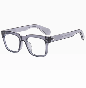 Detail view of transparent grey square sunglasses with model number on the inner temple