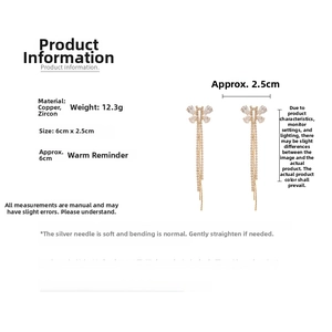 Detailed specs of zircon butterfly tassel earrings with copper base and metal chains