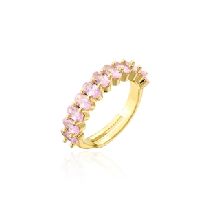 Detailed view of adjustable gold ring featuring oval pink cubic zirconia in claw setting