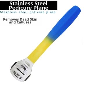 Detail of colorful stainless steel pedicure scraper with anti-slip gradient handle