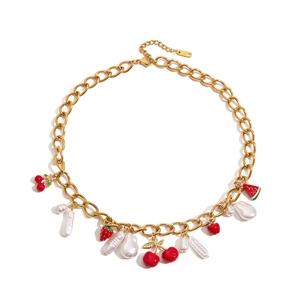Gold stainless steel necklace with cherry, strawberry pendants and natural pearls