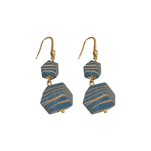 Geometric blue striped wooden bead earrings with gold accents on a clean white background