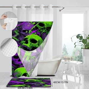 Detail of purple skull graffiti shower curtain and matching non-slip bathroom floor mat set
