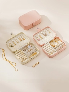 Detailed view of portable PU leather jewelry box organizer with delicate ring and earring slots.
