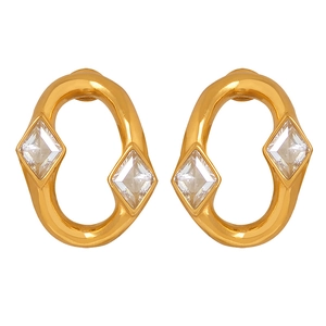 Gold geometric hoop earrings with rhombus cubic zirconia stones on white background