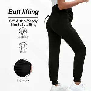 High waist maternity joggers for women, black yoga sports pants with butt lifting design