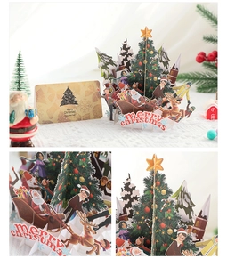 3D Christmas pop-up card featuring Santa on a reindeer sleigh with festive trees