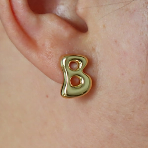 Chunky gold alphabet letter B hoop earrings with a glossy balloon bubble design