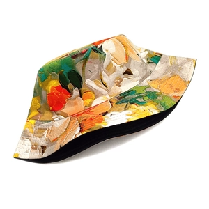 Detail of artistic oil painting flower pattern on double-sided bucket hat fabric