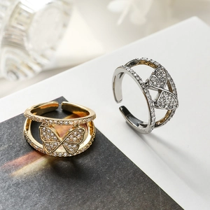 Fashionable butterfly open ring with cubic zirconia in gold and silver finish