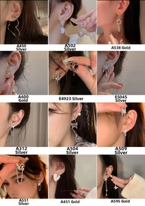 Detailed grid showing 12 pairs of sparkling zircon stud earrings in gold and silver finishes