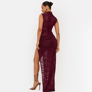 Elegant burgundy sleeveless lace patchwork backless evening dress with high slit detail