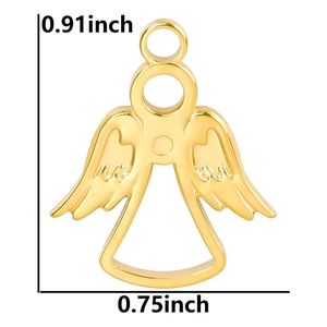 Detailed macro view showing the precise 0.91 by 0.75 inch dimensions of the angel pendant