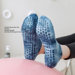 Blue tie-dye pilates yoga socks with full-sole hexagonal silicone non-slip grip particles