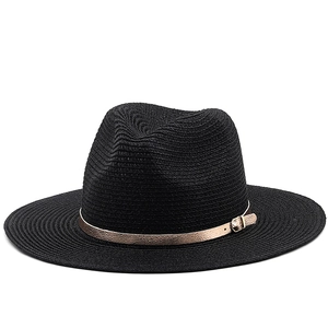 Woven Straw Fedora Hat Wide Brim Sun Protection Panama Jazz Cap With Faux Leather Belt Metal Buckle For Beach Travel