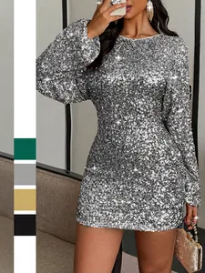 Pailletten Mini Kleid Langarm Rundhals Bodycon Bleistift Party Abend Für Frauen Elegant Glitzernd Streetwear