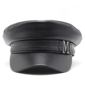 Classic black PU leather baker boy hat with litchi texture and metallic M emblem decoration