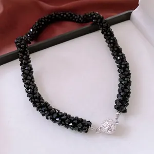 New Chinese style multi-layer black glass bead necklace with sparkling rhinestone magnetic clasp