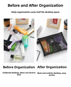 Detail showing before and after organization of cosmetics in the black mesh storage bag