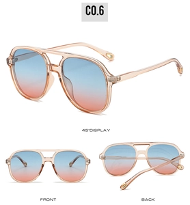 Three-view display of aviator polarized sunglasses with peach pink frame and gradient lenses