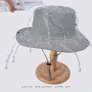 Waterproof quick-dry gray outdoor sun hat with adjustable drawstring and wide brim