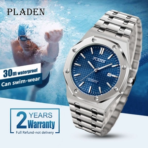 Classic silver stainless steel men's watch with blue checkered dial and waterproof design