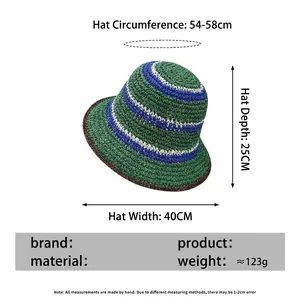 Striped handmade paper straw sun hat with wide brim in blue green and white stripes