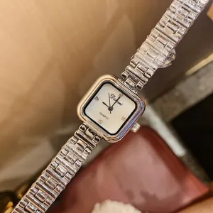 Elegant square silver quartz watch for women with minimalist dial and metal link bracelet