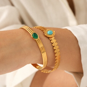 French vintage stainless steel gold bangles with green agate and turquoise gemstones