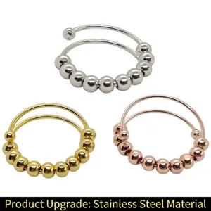 Fidget Anxiety Ring With Rotatable Beads Stainless Steel And Copper Adjustable Open Band Stress Relief Jewelry