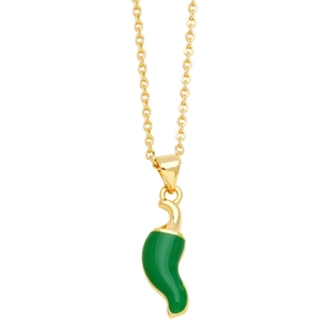 Minimalist gold necklace featuring a vibrant green enamel chili pepper pendant on a fine chain
