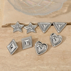 Polished stainless steel stud earrings set featuring geometric heart and star shapes