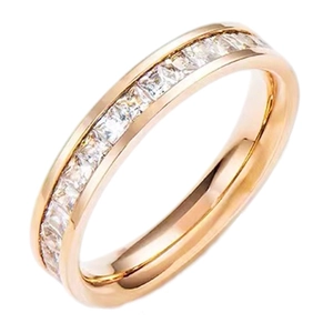 Rose gold eternity ring with square-cut zircons at a 45-degree angle on white background