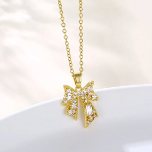 Bowknot Pendant Necklace Stainless Steel Zircon Inlaid Gold Plated Elegant Jewelry For Women