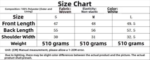 Detailed size chart for white woven polyester cape jacket with garment measurements
